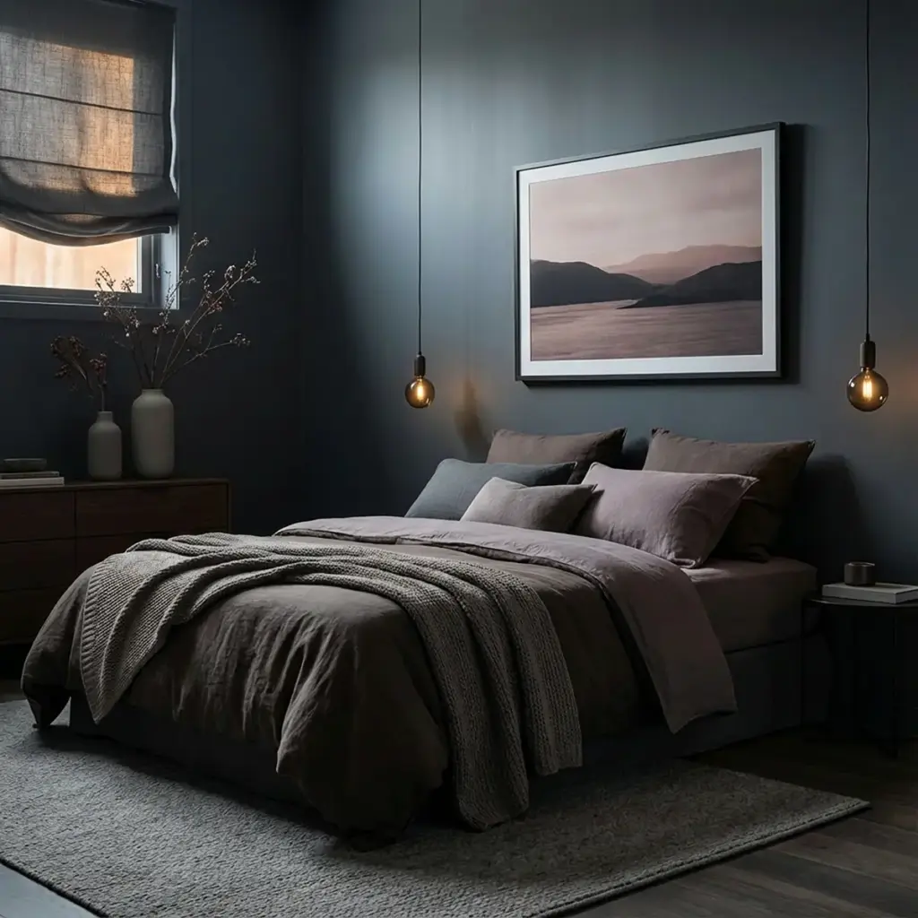 Donkere slaapkamer met groot tweepersoonsbed, antracietkleurige linnenbeddengoed en gebreide plaid, twee hangende Edison-lampen en een