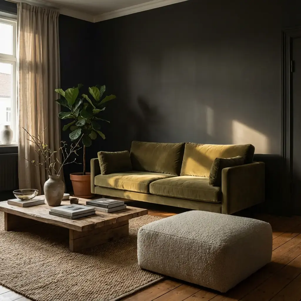 Donker ingericht woonkamer met olijfgroene velours bank, rustieke houten salontafel en bouclépoef tegen antraciet geverfde muur — Shut Eye muurverf