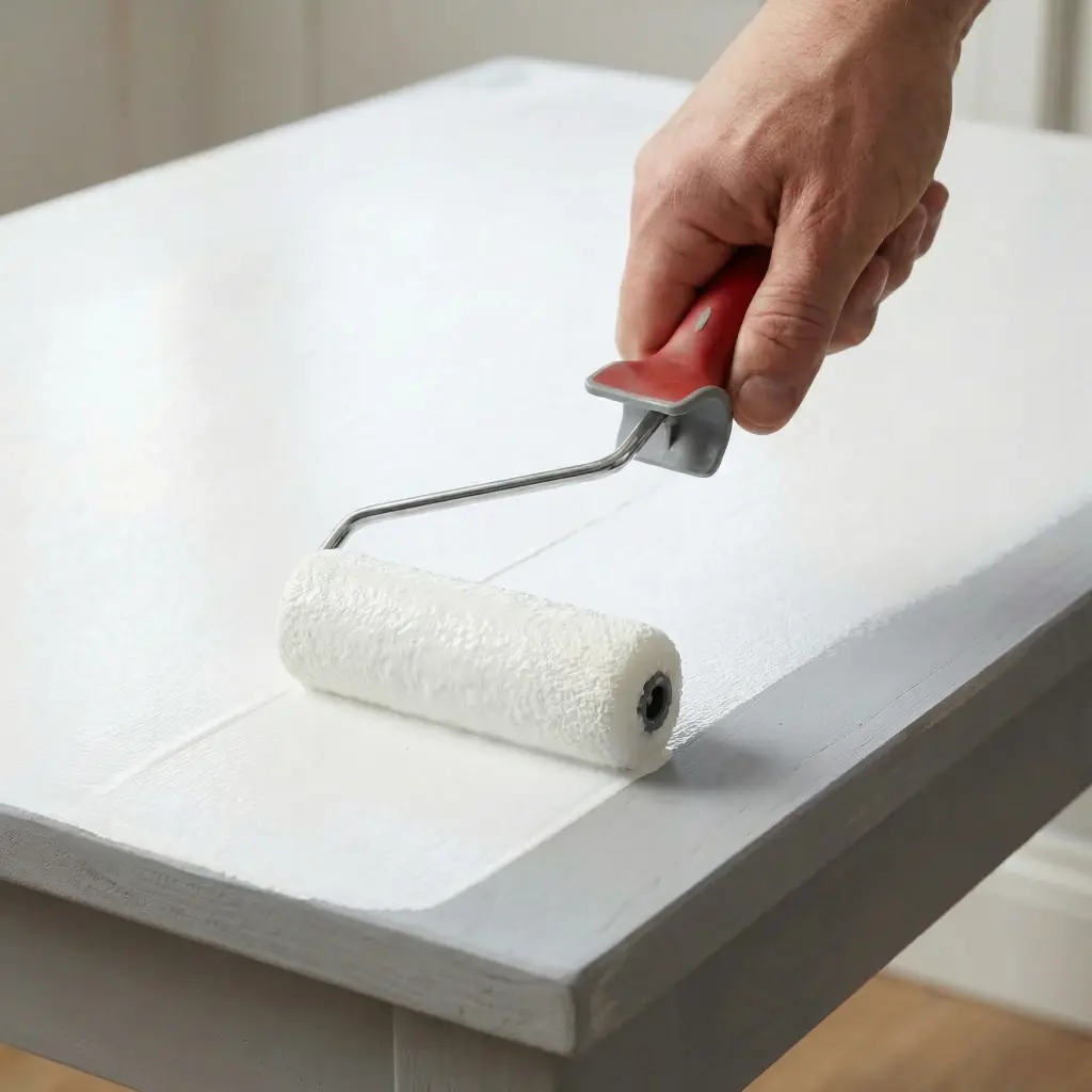 Hand die een lakroller met rode greep gebruikt om witte verf aan te brengen op een houten tafelblad.