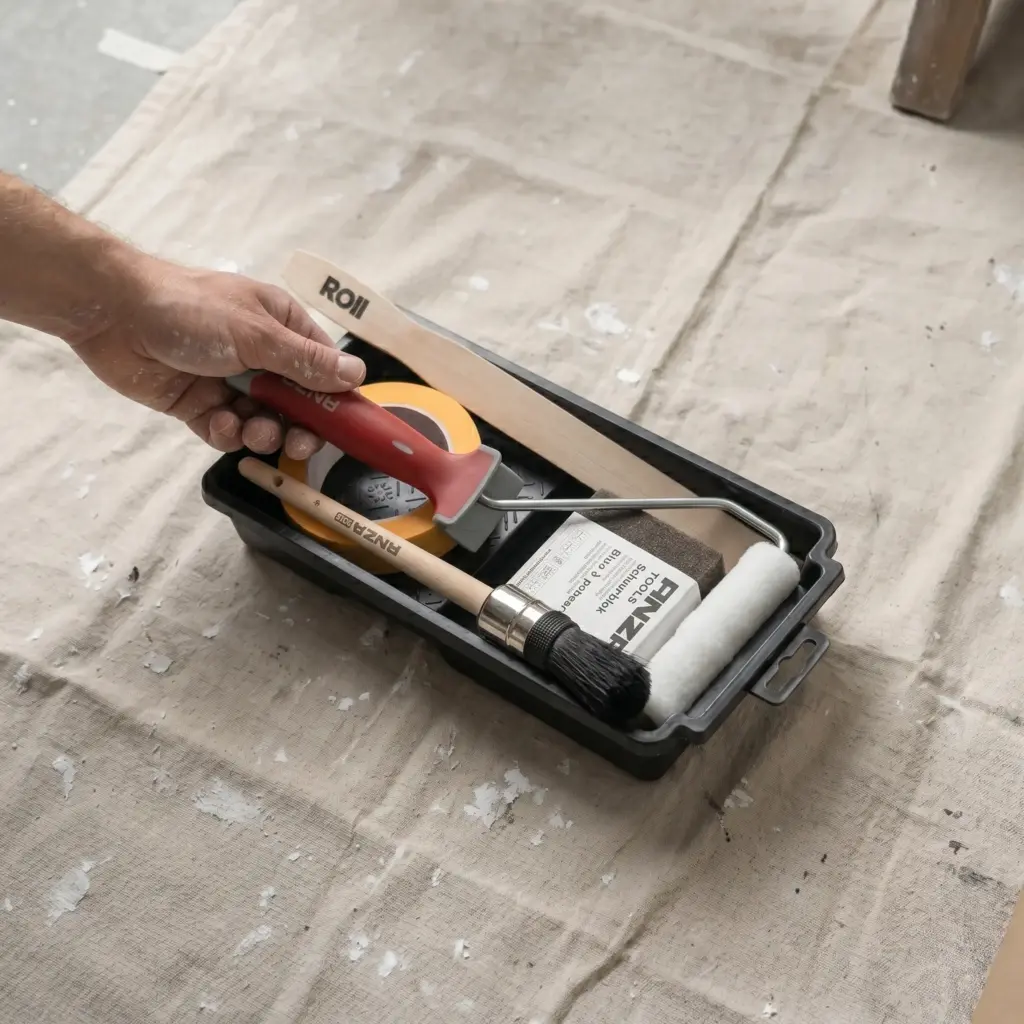 Schilderset voor lakken van ANZA in verfbak met kwast, roller, schraper, schuurblok en afplakband op beschermend doek