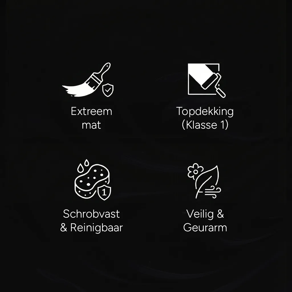 De USP's van Roll verf met extreem mat, topklasse dekking (dekkingsklasse 1), schrobvast en reinigbaar (schrobklasse 1) en veilig en geurarm.